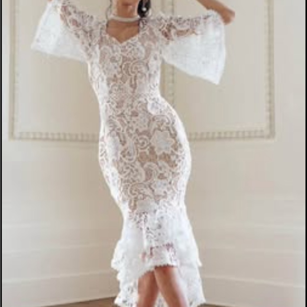 Ivy City Co Elegant White Lace High-Low Dress